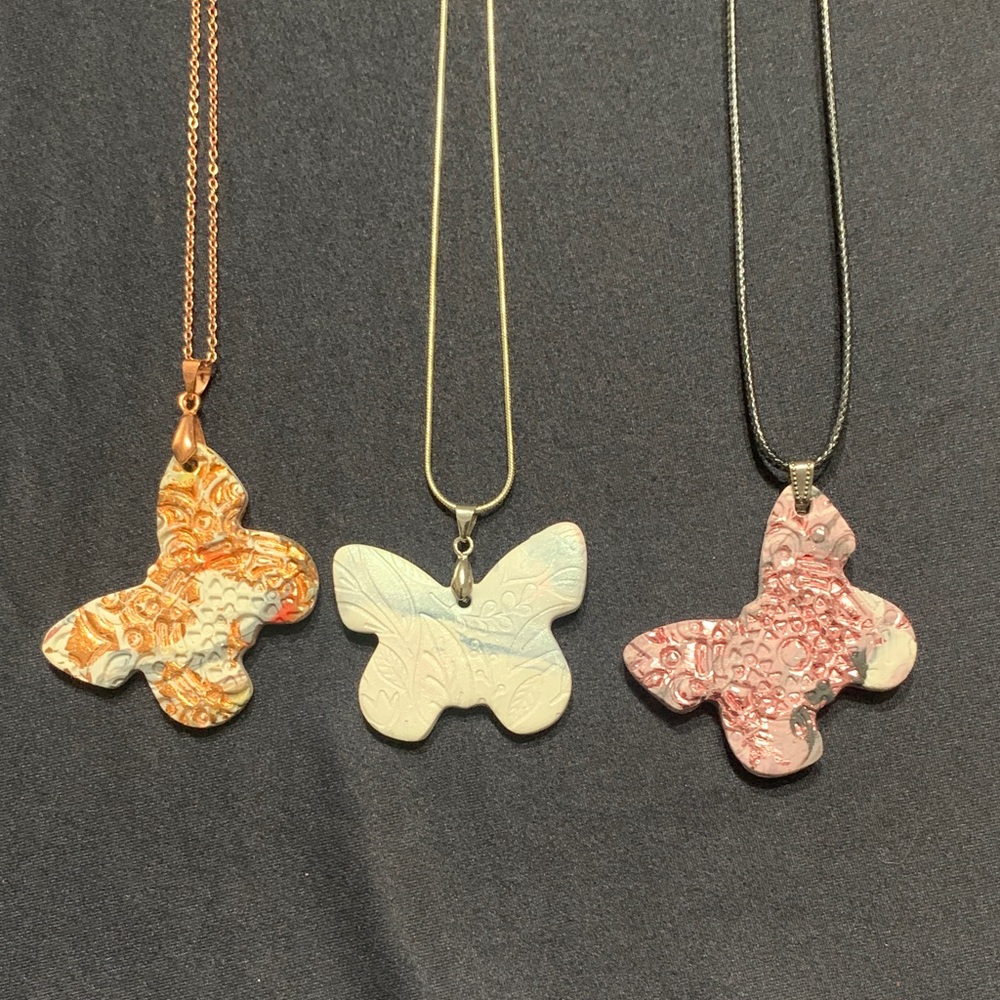 Butterfly Pendant Necklace Set - Gold, Cream, Pink with chains